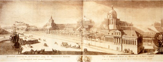 A print by Chelnakov and Knunov after a drawing of the Great Palace in Oranienbaum Russia by Makhaev